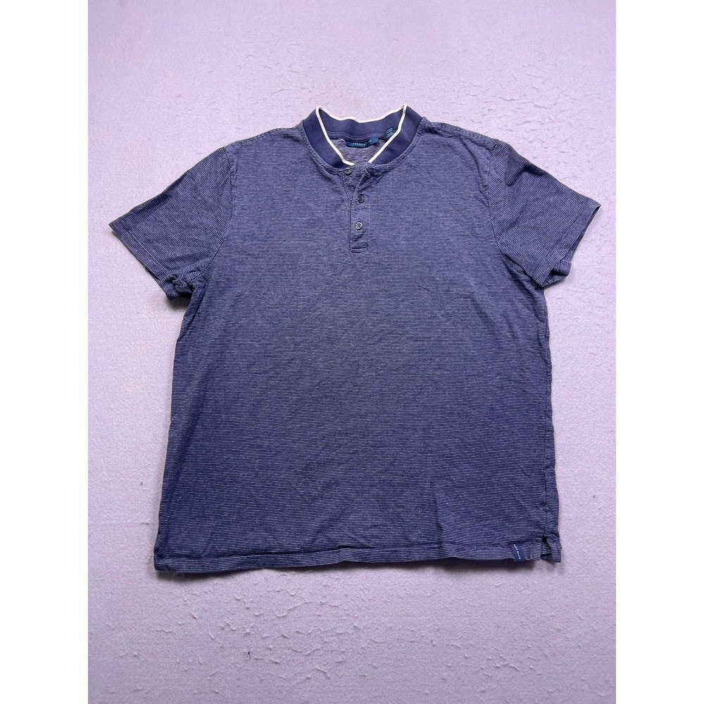Perry Ellis Henley Shirt Cotton Blend Blue Striped Large Mens